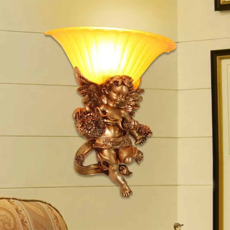 1-Light Surface Wall Sconce Rural Bedroom Resin Angel Wall Lamp with Half-Bell Frosted Glass Shade in Gold Gold B Clearhalo 'Wall Lamps & Sconces' 'Wall Lights' Lighting' 1907712