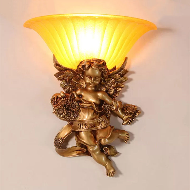 1-Light Surface Wall Sconce Rural Bedroom Resin Angel Wall Lamp with Half-Bell Frosted Glass Shade in Gold Clearhalo 'Wall Lamps & Sconces' 'Wall Lights' Lighting' 1907714