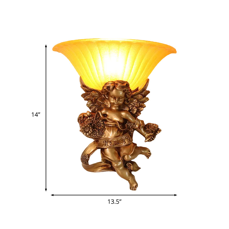 1-Light Surface Wall Sconce Rural Bedroom Resin Angel Wall Lamp with Half-Bell Frosted Glass Shade in Gold Clearhalo 'Wall Lamps & Sconces' 'Wall Lights' Lighting' 1907715