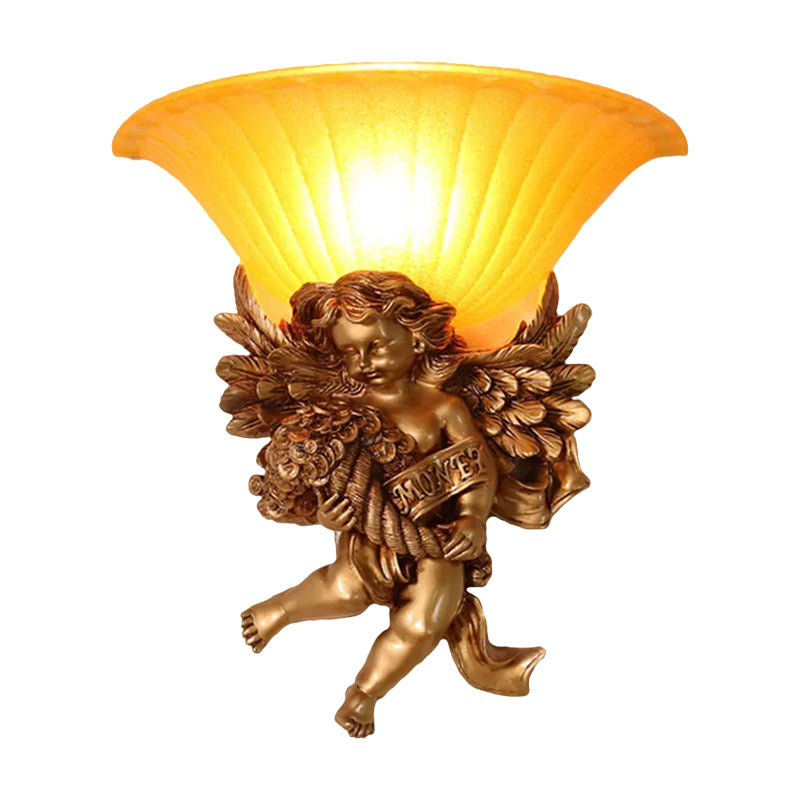 1-Light Surface Wall Sconce Rural Bedroom Resin Angel Wall Lamp with Half-Bell Frosted Glass Shade in Gold Clearhalo 'Wall Lamps & Sconces' 'Wall Lights' Lighting' 1907717