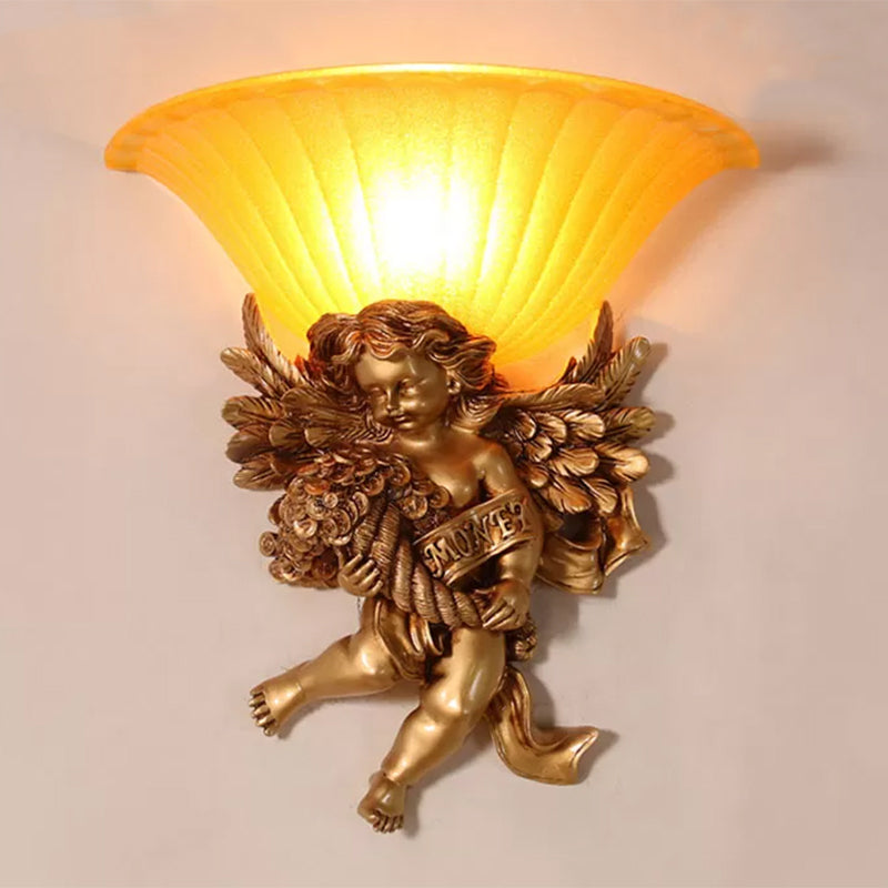 1-Light Surface Wall Sconce Rural Bedroom Resin Angel Wall Lamp with Half-Bell Frosted Glass Shade in Gold Clearhalo 'Wall Lamps & Sconces' 'Wall Lights' Lighting' 1907718