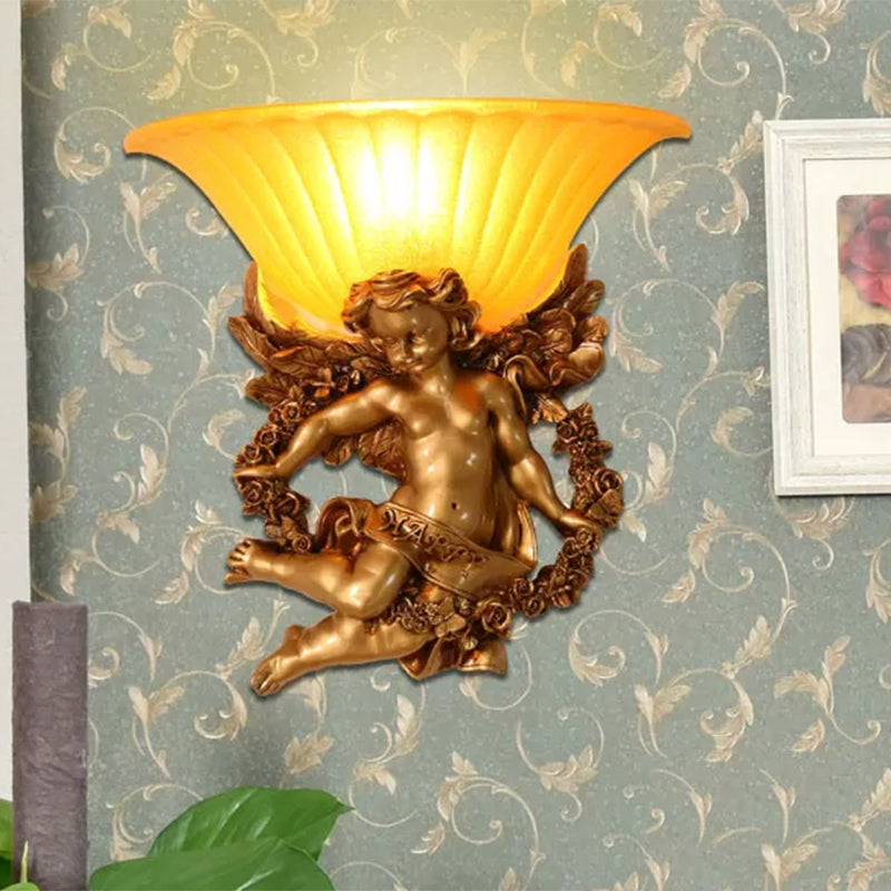 1-Light Surface Wall Sconce Rural Bedroom Resin Angel Wall Lamp with Half-Bell Frosted Glass Shade in Gold Clearhalo 'Wall Lamps & Sconces' 'Wall Lights' Lighting' 1907720