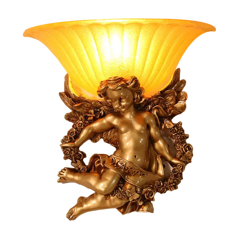 1-Light Surface Wall Sconce Rural Bedroom Resin Angel Wall Lamp with Half-Bell Frosted Glass Shade in Gold Clearhalo 'Wall Lamps & Sconces' 'Wall Lights' Lighting' 1907721