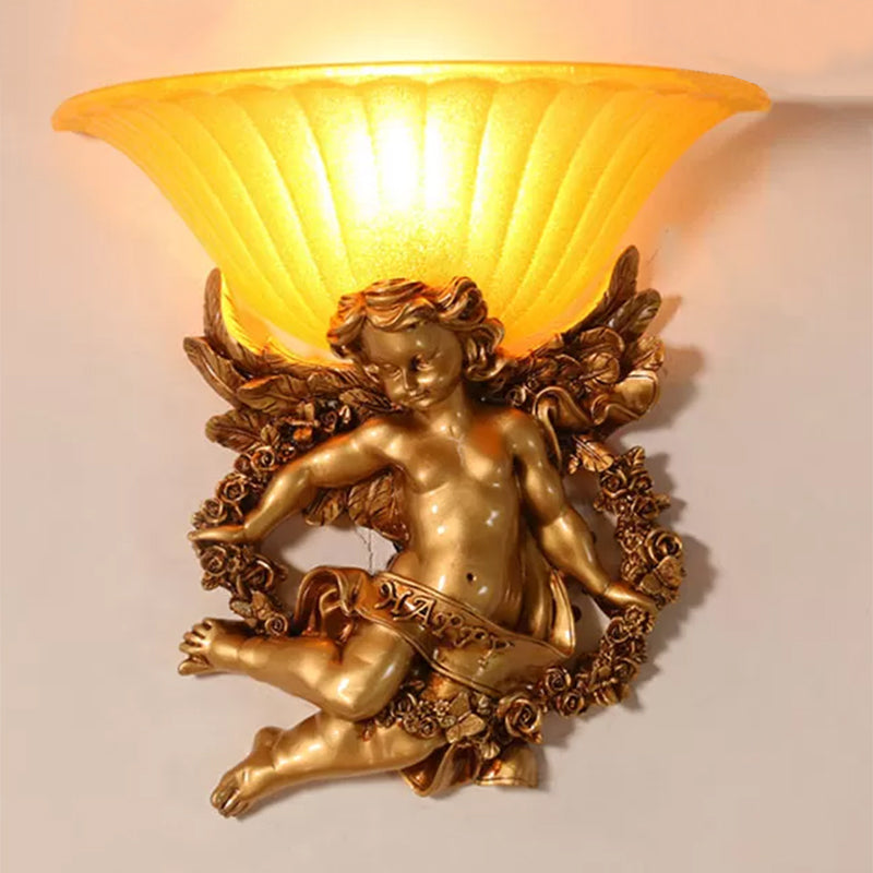 1-Light Surface Wall Sconce Rural Bedroom Resin Angel Wall Lamp with Half-Bell Frosted Glass Shade in Gold Gold D Clearhalo 'Wall Lamps & Sconces' 'Wall Lights' Lighting' 1907722