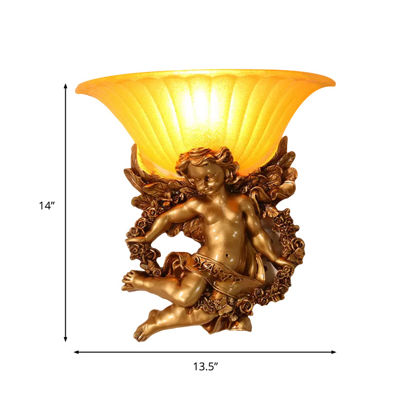 1-Light Surface Wall Sconce Rural Bedroom Resin Angel Wall Lamp with Half-Bell Frosted Glass Shade in Gold Clearhalo 'Wall Lamps & Sconces' 'Wall Lights' Lighting' 1907723