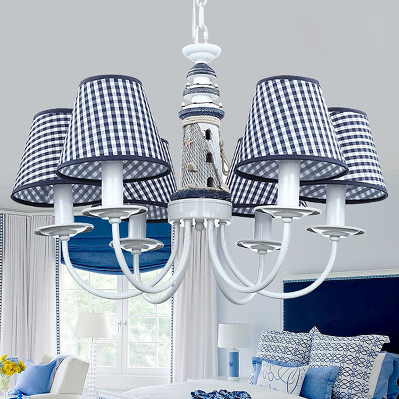 Blue Conic Ceiling Suspension Lamp Modernist 6 Bulbs Fabric Hanging Chandelier with Lighthouse Column Design Clearhalo 'Ceiling Lights' 'Chandeliers' Lighting' options 1907783