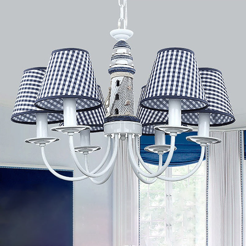 Blue Conic Ceiling Suspension Lamp Modernist 6 Bulbs Fabric Hanging Chandelier with Lighthouse Column Design Clearhalo 'Ceiling Lights' 'Chandeliers' Lighting' options 1907784