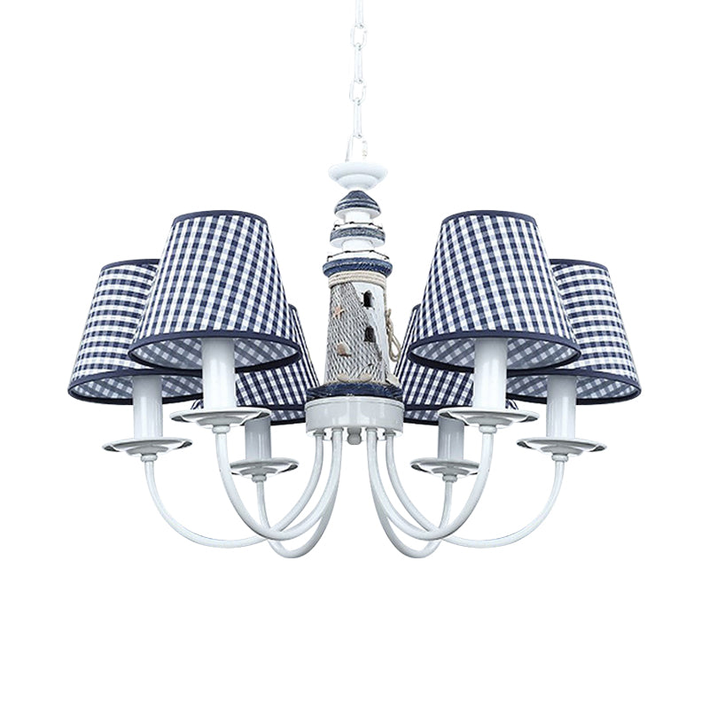 Blue Conic Ceiling Suspension Lamp Modernist 6 Bulbs Fabric Hanging Chandelier with Lighthouse Column Design Clearhalo 'Ceiling Lights' 'Chandeliers' Lighting' options 1907785