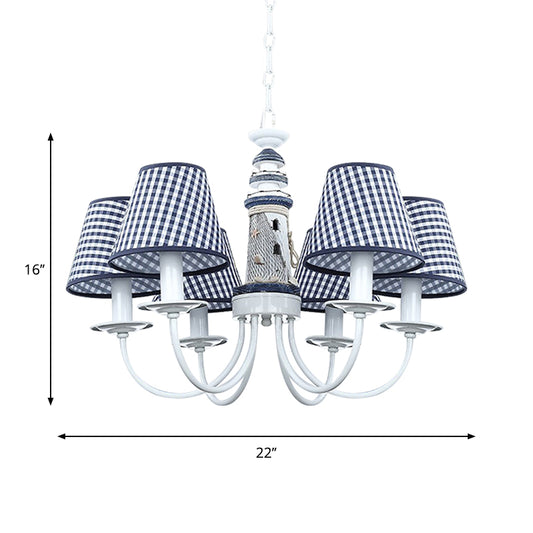 Blue Conic Ceiling Suspension Lamp Modernist 6 Bulbs Fabric Hanging Chandelier with Lighthouse Column Design Clearhalo 'Ceiling Lights' 'Chandeliers' Lighting' options 1907786