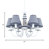 Blue Conic Ceiling Suspension Lamp Modernist 6 Bulbs Fabric Hanging Chandelier with Lighthouse Column Design Clearhalo 'Ceiling Lights' 'Chandeliers' Lighting' options 1907786