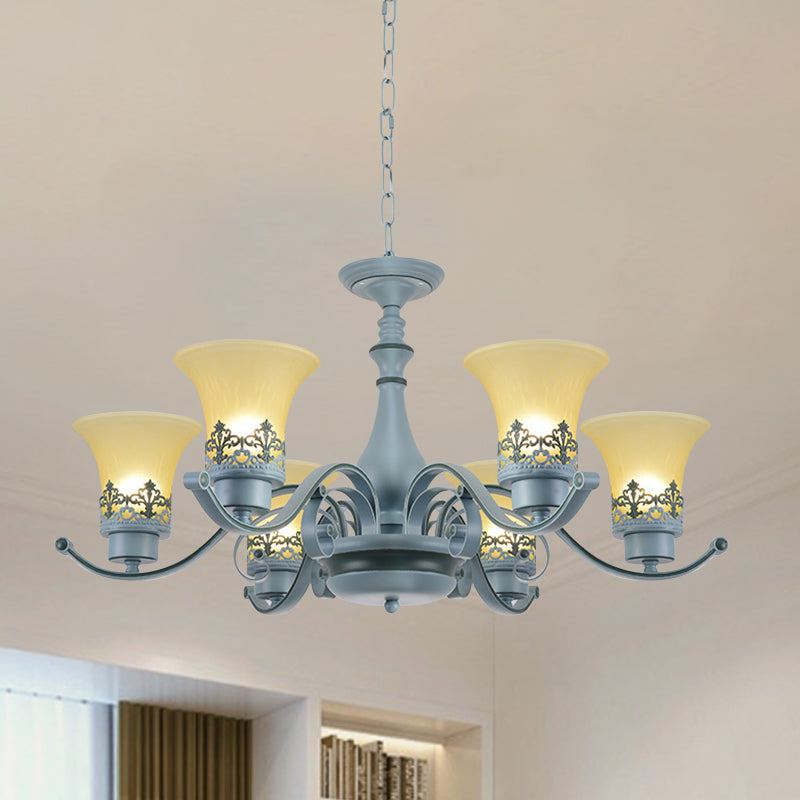 Nordic Flared Chandelier Lighting Amber Glass 6-Light Living Room Hanging Ceiling Lamp with Curvy Arm in Blue Clearhalo 'Ceiling Lights' 'Chandeliers' Lighting' options 1907787