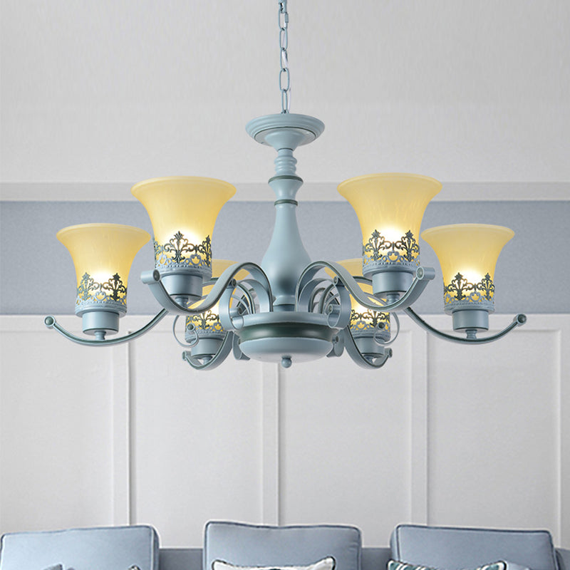 Nordic Flared Chandelier Lighting Amber Glass 6-Light Living Room Hanging Ceiling Lamp with Curvy Arm in Blue Clearhalo 'Ceiling Lights' 'Chandeliers' Lighting' options 1907788