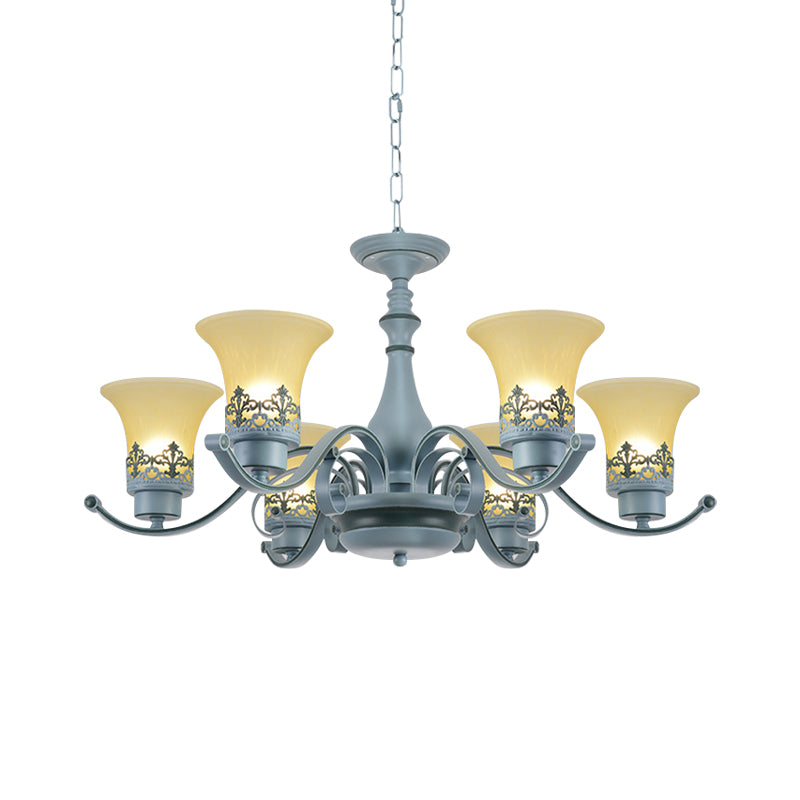 Nordic Flared Chandelier Lighting Amber Glass 6-Light Living Room Hanging Ceiling Lamp with Curvy Arm in Blue Clearhalo 'Ceiling Lights' 'Chandeliers' Lighting' options 1907789