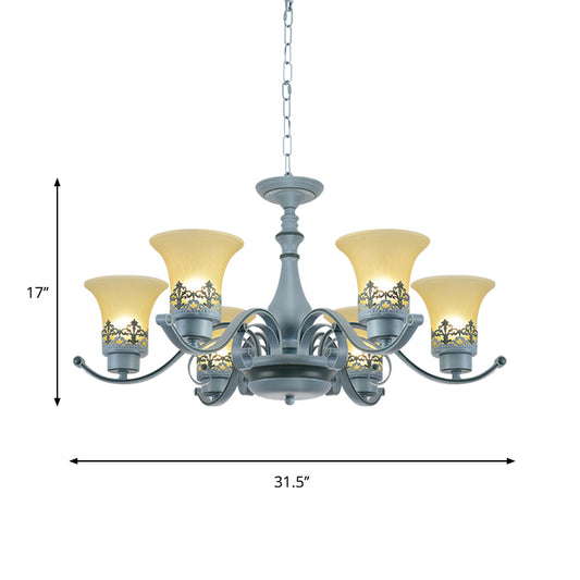 Nordic Flared Chandelier Lighting Amber Glass 6-Light Living Room Hanging Ceiling Lamp with Curvy Arm in Blue Clearhalo 'Ceiling Lights' 'Chandeliers' Lighting' options 1907790