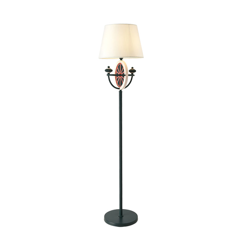 Barrel Floor Standing Light Mediterranean Fabric 1 Bulb Black Floor Lamp with Round and Bowl Frame Design Clearhalo 'Floor Lamps' 'Lamps' Lighting' 1907793