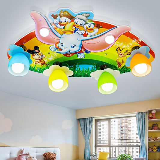 Cartoon Rainbow Ceiling Mount Light with Big Ear Elephant Wood Multi-Color Ceiling Light for Kid Bedroom Pink-Blue-Yellow-Red-Green Clearhalo 'Ceiling Lights' 'Close To Ceiling Lights' 'Close to ceiling' 'Flush mount' Lighting' 190785