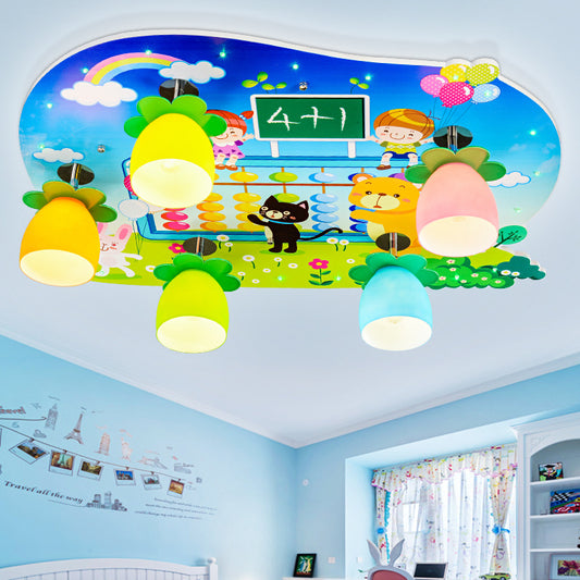 Modern Multi-Color Ceiling Mount Light Dome Shade 5 Lights Wood Ceiling Lamp for Child Bedroom Blue-Yellow-Green-Pink Clearhalo 'Ceiling Lights' 'Close To Ceiling Lights' 'Close to ceiling' 'Flush mount' Lighting' 190789