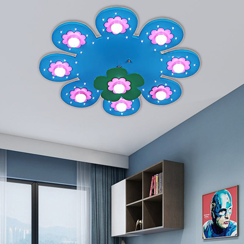 9 Lights Flower Flush Ceiling Light Kids Wood Ceiling Lamp for Nursing Room Girl Bedroom Blue Clearhalo 'Ceiling Lights' 'Close To Ceiling Lights' 'Close to ceiling' 'Flush mount' Lighting' 190819