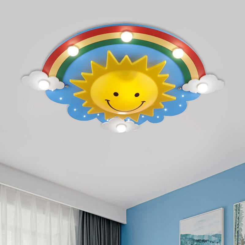 Wood Rainbow and Sun Ceiling Flush Cartoon Style 6 Heads Yellow Flush Mount Lamp Fixture Yellow Clearhalo 'Ceiling Lights' 'Close To Ceiling Lights' 'Close to ceiling' 'Flush mount' Lighting' 1908216