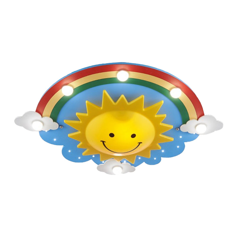 Wood Rainbow and Sun Ceiling Flush Cartoon Style 6 Heads Yellow Flush Mount Lamp Fixture Clearhalo 'Ceiling Lights' 'Close To Ceiling Lights' 'Close to ceiling' 'Flush mount' Lighting' 1908217