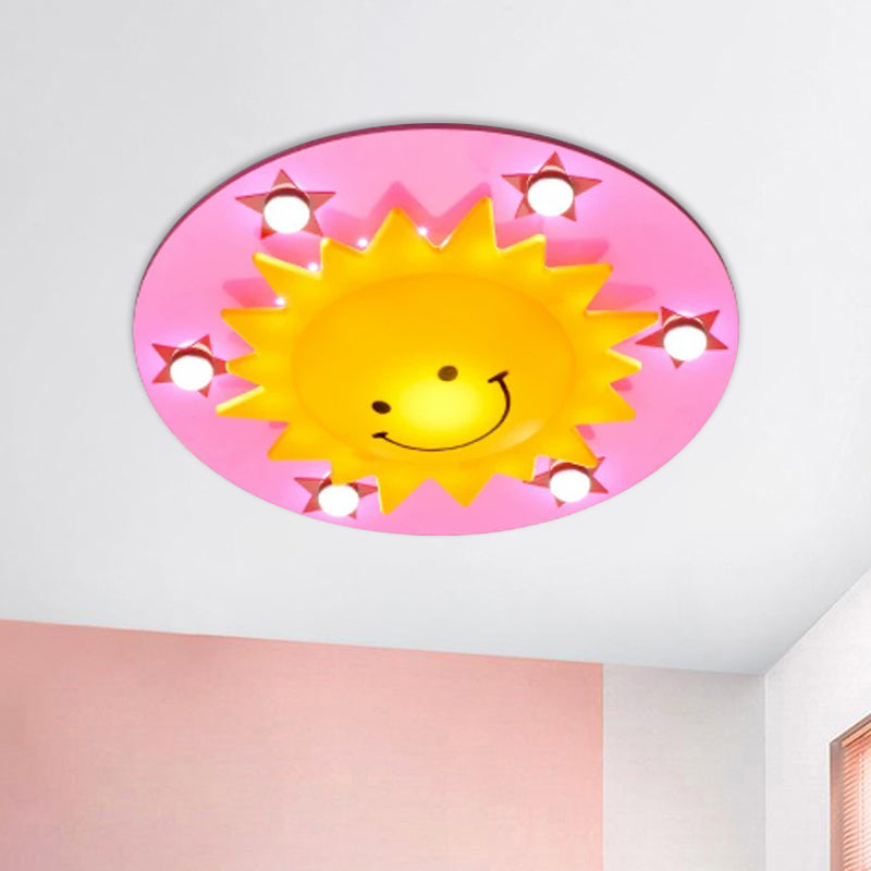 Blue/Pink Sun Flush Mount Light Simple 6-Bulb Wood Close to Ceiling Lamp for Children Room Pink Clearhalo 'Ceiling Lights' 'Close To Ceiling Lights' 'Close to ceiling' 'Flush mount' Lighting' 1908220