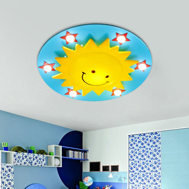 Blue/Pink Sun Flush Mount Light Simple 6-Bulb Wood Close to Ceiling Lamp for Children Room Clearhalo 'Ceiling Lights' 'Close To Ceiling Lights' 'Close to ceiling' 'Flush mount' Lighting' 1908225