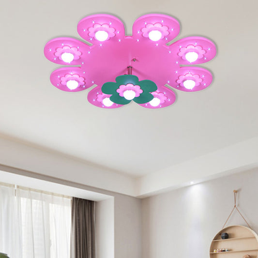 9 Lights Flower Flush Ceiling Light Kids Wood Ceiling Lamp for Nursing Room Girl Bedroom Pink Clearhalo 'Ceiling Lights' 'Close To Ceiling Lights' 'Close to ceiling' 'Flush mount' Lighting' 190823