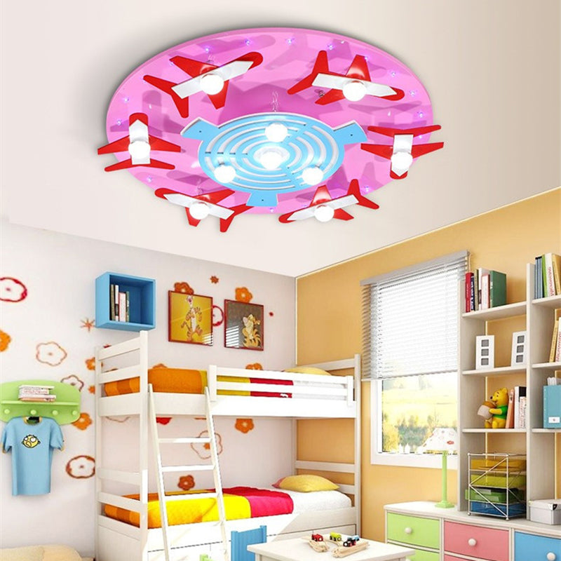 Wood Round Ceiling Lamp with Airplane Game Room Kids Eye-Caring Ceiling Mount Light Pink Clearhalo 'Ceiling Lights' 'Close To Ceiling Lights' 'Close to ceiling' 'Flush mount' Lighting' 190826