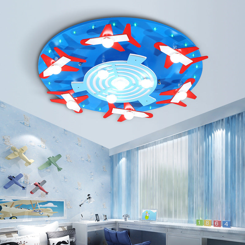 Wood Round Ceiling Lamp with Airplane Game Room Kids Eye-Caring Ceiling Mount Light Blue Clearhalo 'Ceiling Lights' 'Close To Ceiling Lights' 'Close to ceiling' 'Flush mount' Lighting' 190830