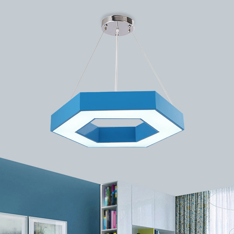 Acrylic Hexagon Ring Down Lighting Simple LED Chandelier Lighting in Red/Yellow/Blue for Kindergarten Blue Clearhalo 'Ceiling Lights' 'Chandeliers' Lighting' options 1908384_ef48c4b7-f08d-4ec0-a306-e8aafe113987