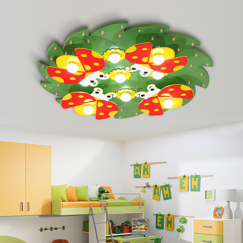 Wood Tree Ceiling Light with Ladybug Deco Modern Cartoon Flush Mount Light for Kid Bedroom Green Clearhalo 'Ceiling Lights' 'Close To Ceiling Lights' 'Close to ceiling' 'Flush mount' Lighting' 190851