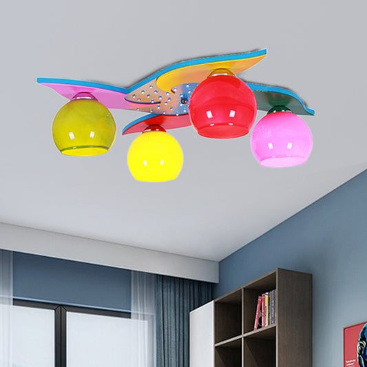 Girl Bedroom Toy Windmill Ceiling Light with Orb Shade Wood 4 Lights Cartoon Kid Ceiling Mount Light Red-Pink-Yellow-Green Clearhalo 'Ceiling Lights' 'Close To Ceiling Lights' 'Close to ceiling' 'Flush mount' Lighting' 190854