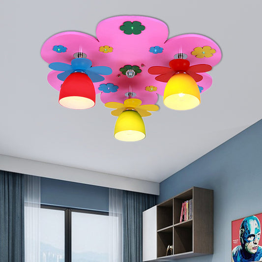 Nursing Room Blossom Ceiling Light with Bowl Shade Wood 3 Lights Modern Ceiling Mount Light Pink Clearhalo 'Ceiling Lights' 'Close To Ceiling Lights' 'Close to ceiling' 'Flush mount' Lighting' 190858