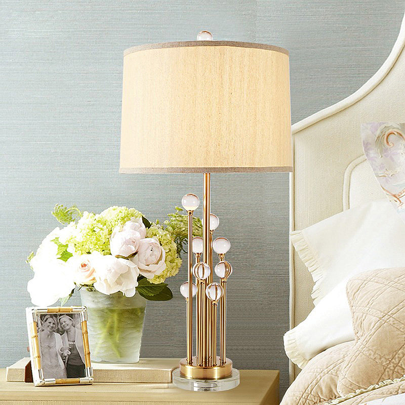 Fabric Drum Shade Night Lighting Traditional 1 Light Bedroom Nightstand Lamp in Gold with Clear Crystal Ball Deco Gold Clearhalo 'Lamps' 'Table Lamps' Lighting' 1908687