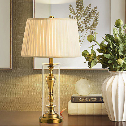 Gold 1 Light Night Table Light Countryside Fabric Empire Shade Nightstand Lamp with Metal Candlestick Base Gold Clearhalo 'Lamps' 'Table Lamps' Lighting' 1908697