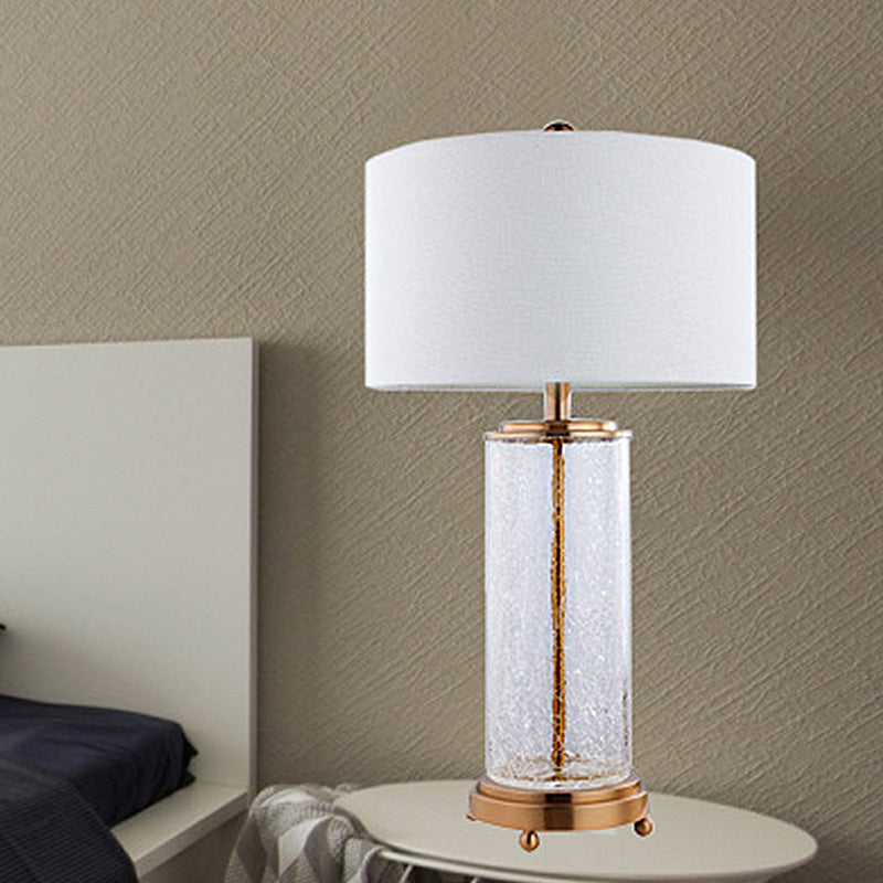 White Round Night Table Lamp Classic Fabric 1-Light Bedroom Nightstand Light with Clear Crackle Glass Cylinder Base White Clearhalo 'Lamps' 'Table Lamps' Lighting' 1908702