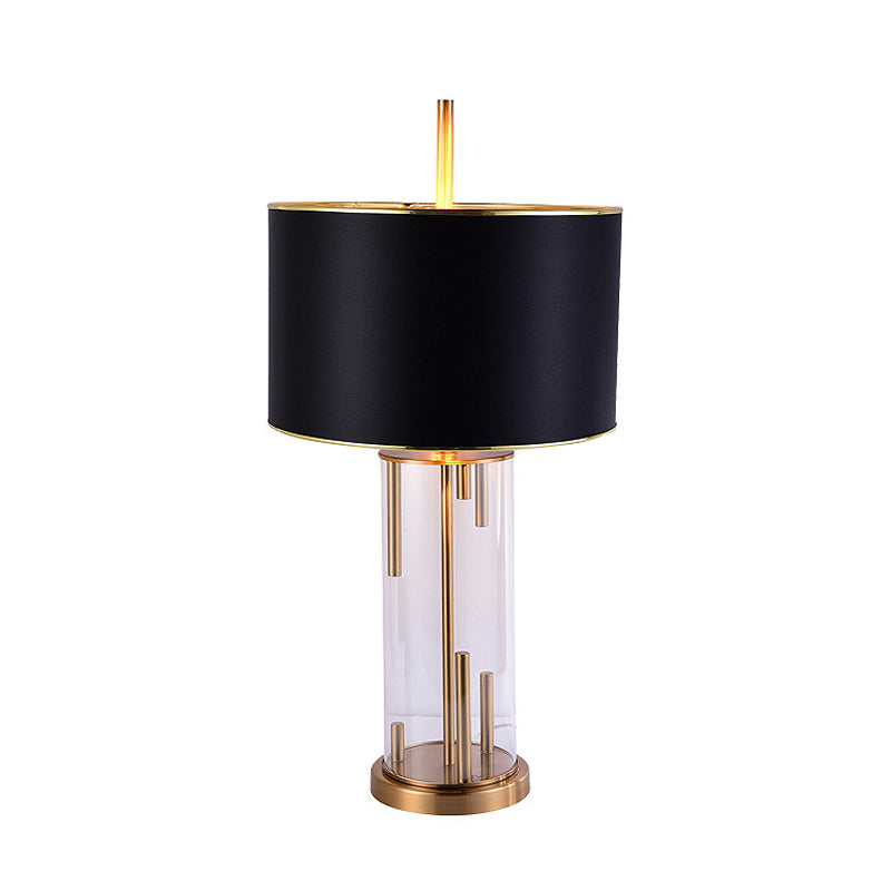 Traditional Drum Shape Night Light 1 Bulb Fabric Night Table Lamp in Black with Cylinder Clear Glass Base Clearhalo 'Lamps' 'Table Lamps' Lighting' 1908708