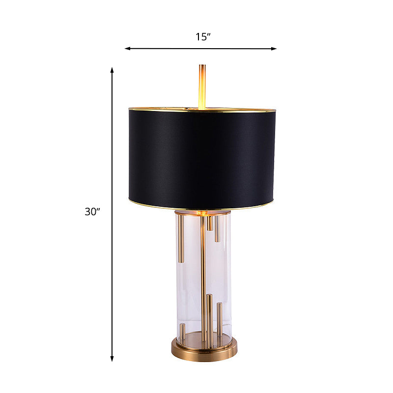 Traditional Drum Shape Night Light 1 Bulb Fabric Night Table Lamp in Black with Cylinder Clear Glass Base Clearhalo 'Lamps' 'Table Lamps' Lighting' 1908709