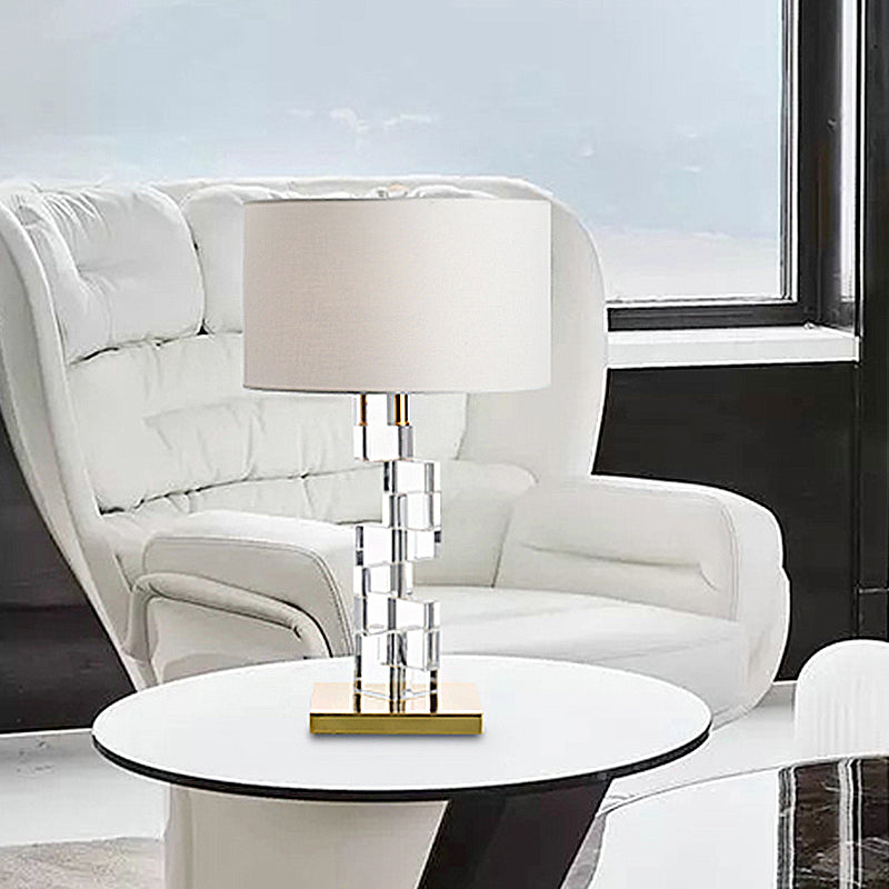 Fabric White Table Light Drum 1 Bulb Traditional Nightstand Lamp with Dislocated Clear Glass Block Deco Clearhalo 'Lamps' 'Table Lamps' Lighting' 1908721