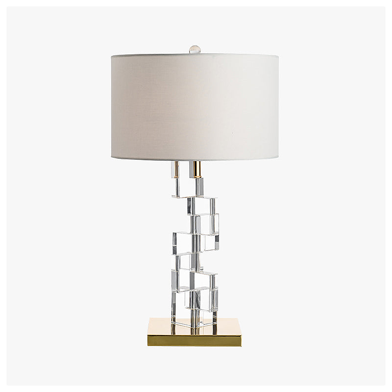 Fabric White Table Light Drum 1 Bulb Traditional Nightstand Lamp with Dislocated Clear Glass Block Deco Clearhalo 'Lamps' 'Table Lamps' Lighting' 1908723