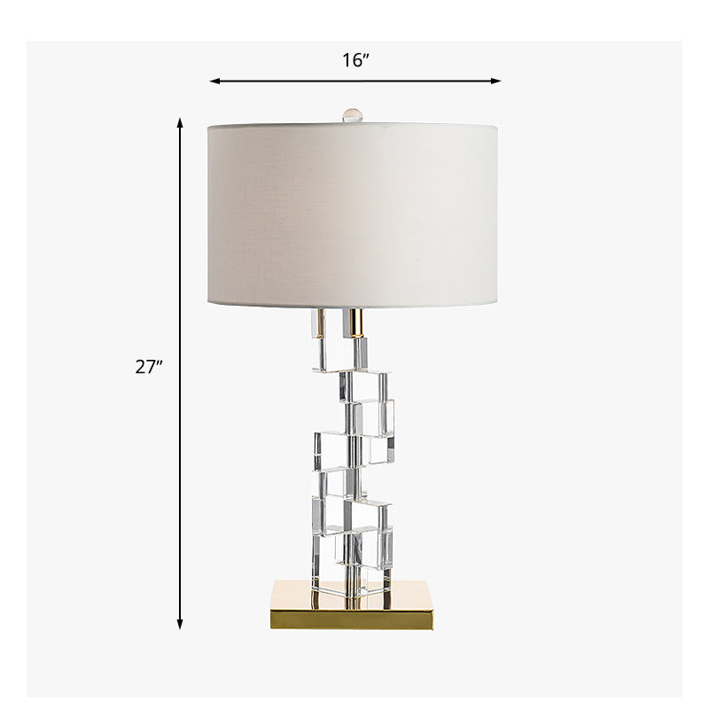 Fabric White Table Light Drum 1 Bulb Traditional Nightstand Lamp with Dislocated Clear Glass Block Deco Clearhalo 'Lamps' 'Table Lamps' Lighting' 1908724