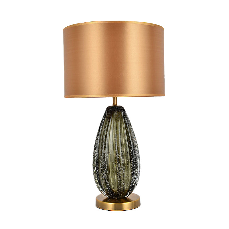 1-Light Melon Table Lamp Ideas Vintage Hand-Worked Green Bubble Glass Night Lighting with Gold/Black/Flaxen Fabric Shade Clearhalo 'Lamps' 'Table Lamps' Lighting' 1908738