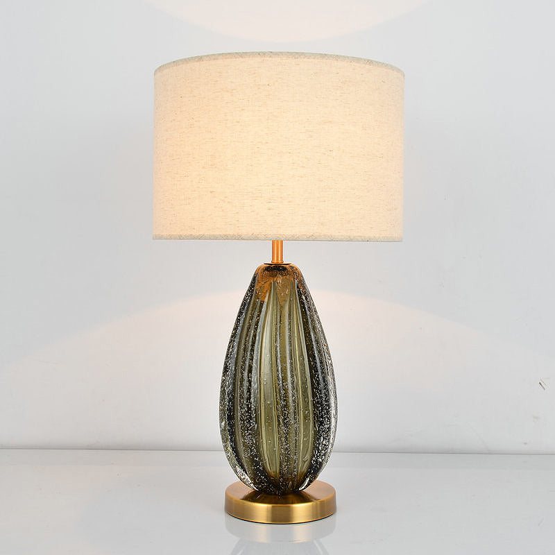 1-Light Melon Table Lamp Ideas Vintage Hand-Worked Green Bubble Glass Night Lighting with Gold/Black/Flaxen Fabric Shade Clearhalo 'Lamps' 'Table Lamps' Lighting' 1908739