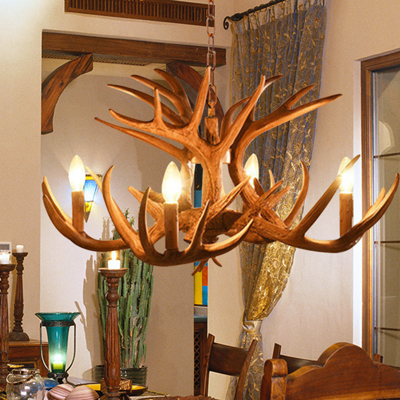 Antler Living Room Hanging Lamp Traditional Resin 4/6 Bulbs Brown Adjustable Chandelier Pendant Light Clearhalo 'Ceiling Lights' 'Chandeliers' Lighting' options 1908803