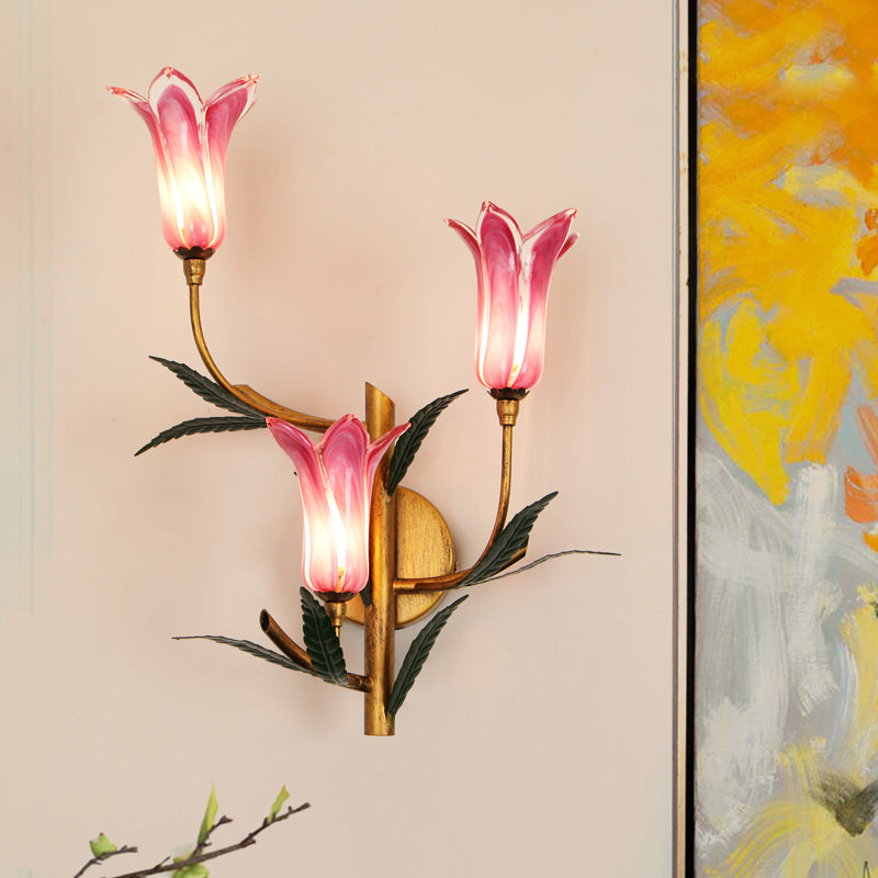 3-Light Wall Lighting Retro Stylish Gradient Pink/Red Glass Tulip Sconce Ideas for Living Room Clearhalo 'Wall Lamps & Sconces' 'Wall Lights' Lighting' 1908812