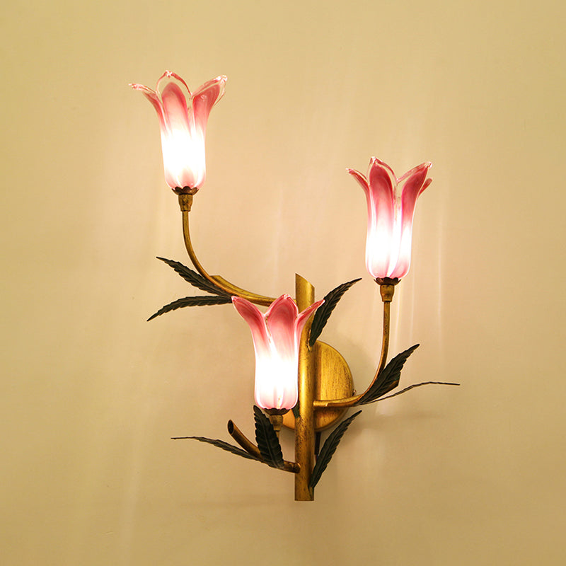 3-Light Wall Lighting Retro Stylish Gradient Pink/Red Glass Tulip Sconce Ideas for Living Room Pink Clearhalo 'Wall Lamps & Sconces' 'Wall Lights' Lighting' 1908813