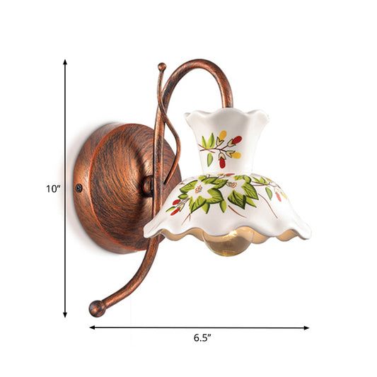 Farmhouse Scalloped Sconce 1 Bulb Flower Patterned Ceramic Wall Lamp in White with Weather Copper Gooseneck Arm, Left/Right Clearhalo 'Wall Lamps & Sconces' 'Wall Lights' Lighting' 1908840