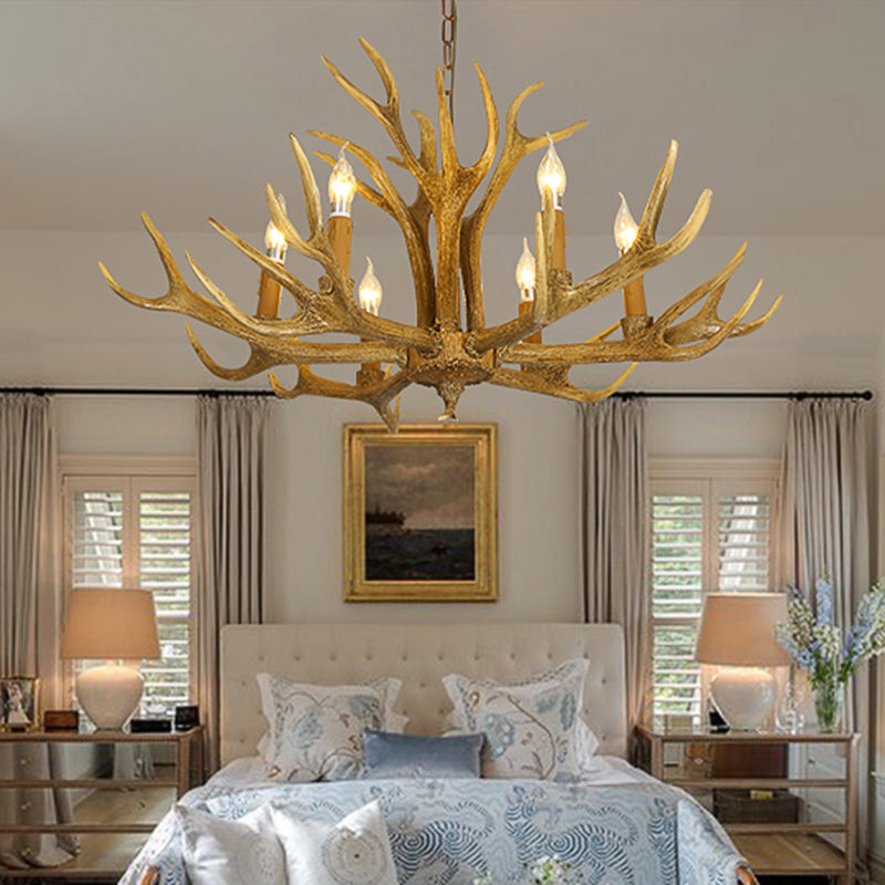 6/8-Light Resin Chandelier Lamp Rural Brown Antlered Shape Living Room Hanging Pendant with Open Bulb Design Clearhalo 'Ceiling Lights' 'Chandeliers' Lighting' options 1908886