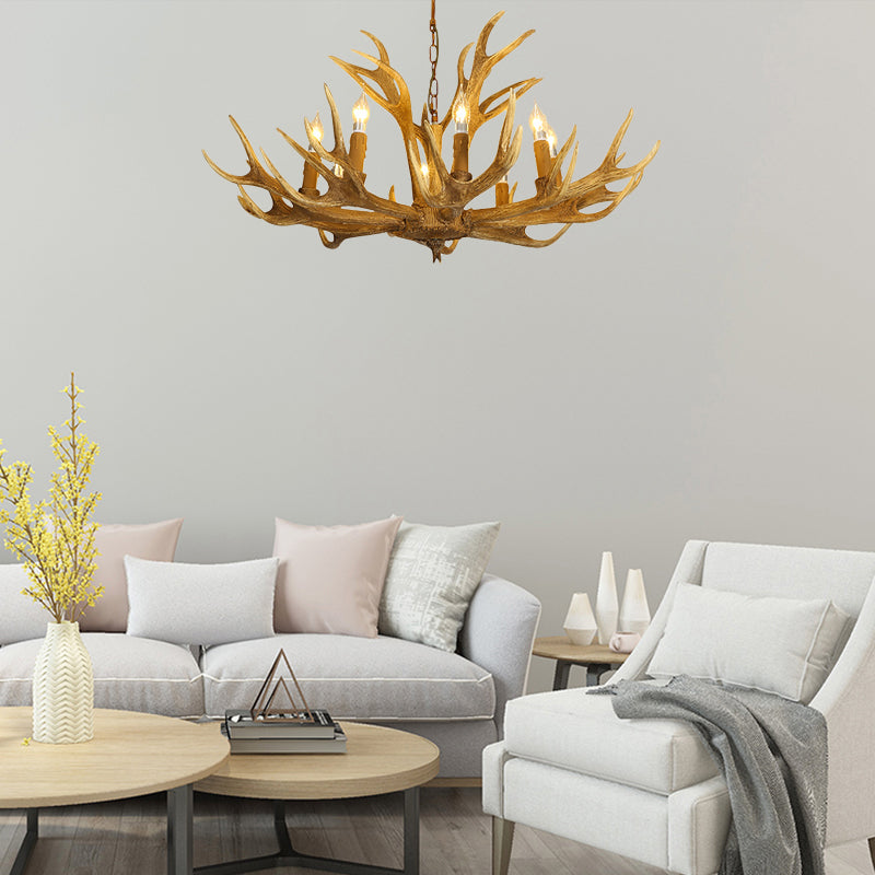 6/8-Light Resin Chandelier Lamp Rural Brown Antlered Shape Living Room Hanging Pendant with Open Bulb Design 8 Brown Clearhalo 'Ceiling Lights' 'Chandeliers' Lighting' options 1908889_200f32de-0a5b-4634-8c4e-7233bc9bb162