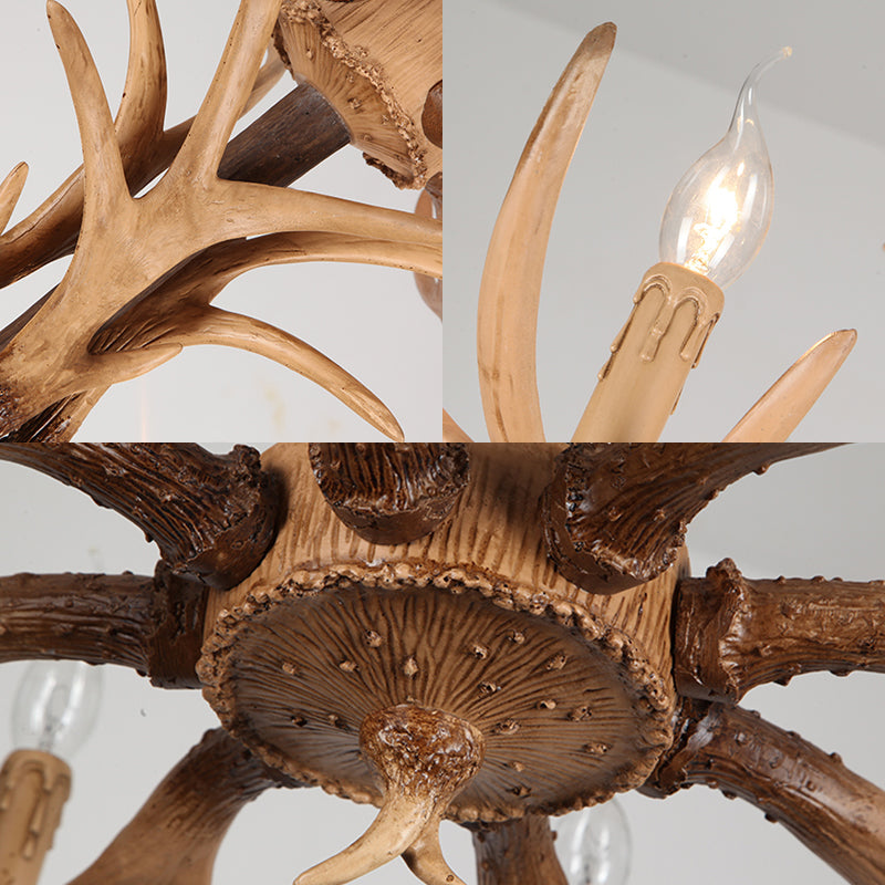 6/8-Light Resin Chandelier Lamp Rural Brown Antlered Shape Living Room Hanging Pendant with Open Bulb Design Clearhalo 'Ceiling Lights' 'Chandeliers' Lighting' options 1908893